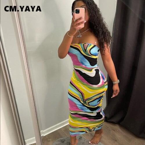 CM.YAYA Women Maxi Dress Tie Dye Print Sleeveless Strapless Sheath Elastic Stacked Midi Dresses Sexy Fashion Vestidos Outfit