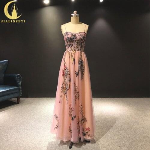 JIALINZEYI Spaghetti Strap Pink With Beads Floor Length de soirée robe femme платье Fromal dress Evening Dresses