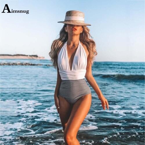 2021 Women High Waist Swimwear One Piece Swimsuit Patchwork Stripes Bathing Suit Plus Size Female Sexy V-neck Onesie Beachwear