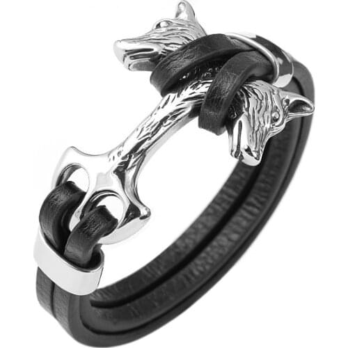 2021 hot selling ship anchor woven leather bracelet titanium steel wolf head Bracelet double stainless steel bracelet