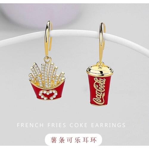 2021 Wholesale Korean Fashion Red Temperament Asymmetric Coke French Fries Earrings Christmas and New Year Earrings