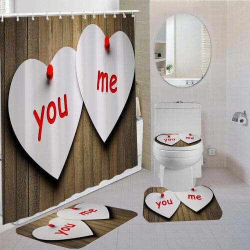 3/4 Pieces Love Shaped Shower Curtains Sets Cute Heart Carpet Home Room Toilet Mat Bathroom 3D Printing Bathroom Non-slip Set