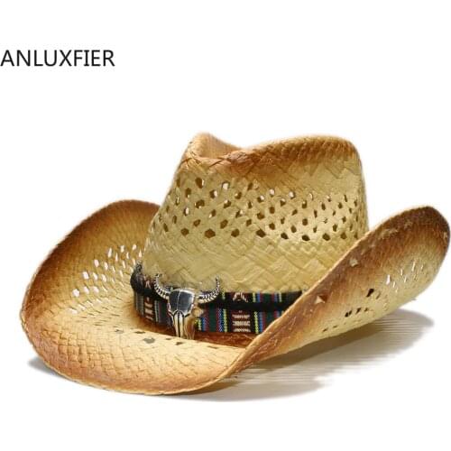 A158 Retro Summer Sun Hats Girls Raffia Big Brim Sun Beach Hollow out Cowboy Hat Large Cow Leather Belt Adjustable Size