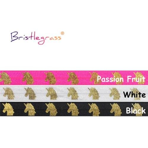BRISTLEGRASS Combo 6 Yard 5/8" 15mm Unicorn Gold Foil Print Foldover Elastic FOE Spandex Band Tape Hair Tie Headband Sewing Trim