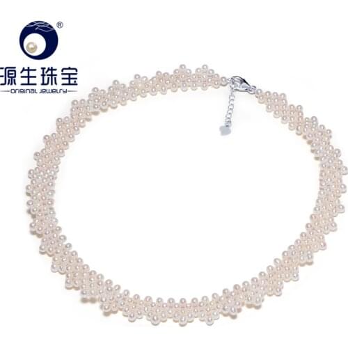 YS 925 Sterling Silver 3-4 mm White Pearl Chain Hand-knitted China Freshwater Pearl Necklace Elegant Bridal Jewelry For Women