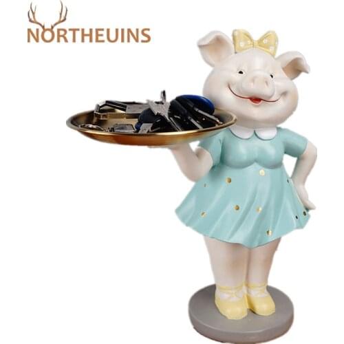 NORTHEUINS 29cm Resin Piggy Storage Firgurines For Interior Nordic Creative Animal Desktop Snack Entrance Key Storage Tray Decor