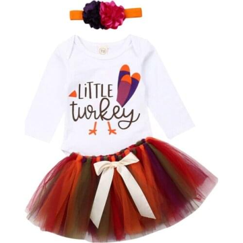 Citgeett Autumn Turkey Thanksgiving Baby Girl Romper Tulle Skirt Headband Clothes Outfit Holiday Set