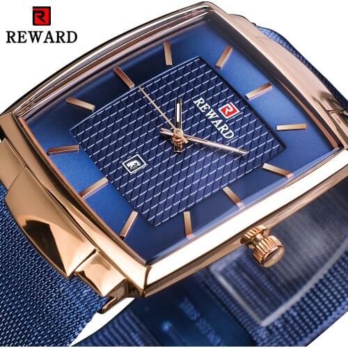 REWARD Blue Steel Mesh Band Calendar Business Design Mens Quartz Watches Top Brand Luxury Square Rose Golden Waterproof Clock
