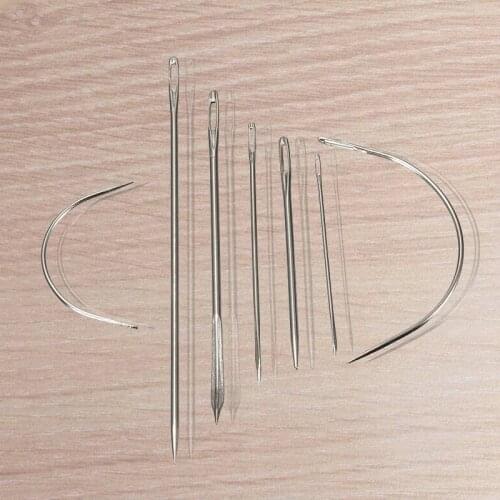 New 7 Repair Sewing Needles Curved Threader for Leather Canvas Stainless Steel Silver