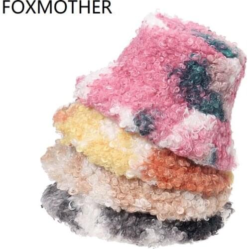 FOXMOTHER Winter Fishing Cap Panama Bob Gorros Outdoor Warm Lamb Faux Fur Tie Dye Fluffy Bucket Hat For Women 2021 Gorras