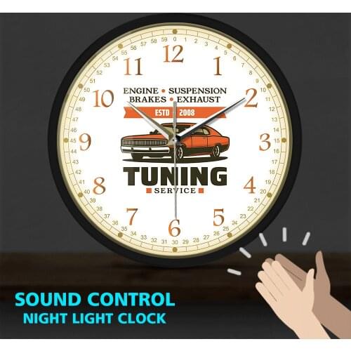Engine Suspension Brakes Exhaust Turning Service LED Wall Clock Metal Frame Car Repair Studio Mechanic Wall Watch Sound Control