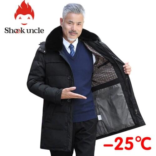 Winter Down coat middle age men casual warm hooded down coats luxury high quality fur collar thick long down jacket men
