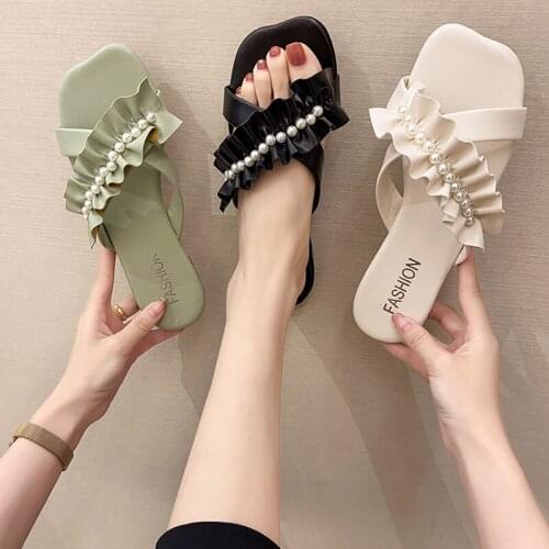 Shoes Slippers Casual Summer Clogs Woman Slides Pantofle Lady String Bead Luxury Beach 2021 Flat Girl Soft PU Basic Rubber