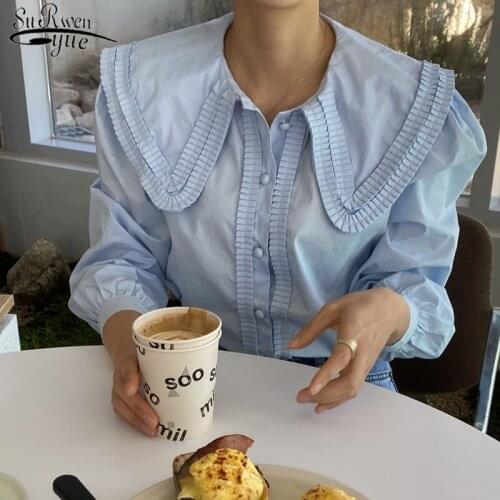 Button Loose Turn-Down Collar Puff Sleeve Woman Shirt Solid White Women Blouses Tops Blusas Pleated Work Style OL Shirts 13861