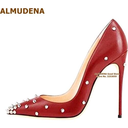 ALMUDENA Women Newest Wine Red Matte Rivets High Heel Shoes 12cm Dress Pumps Burgundy Pointed Toe Studded Wedding Shoes Dropship