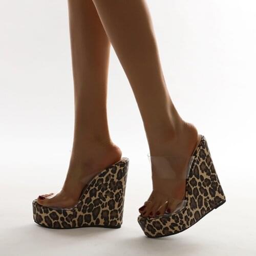 2021 New Womens Wedge Slippers Sexy Waterproof Platform Fish Mouth Transparent Leopard Print Comfortable Nightclub Sandals