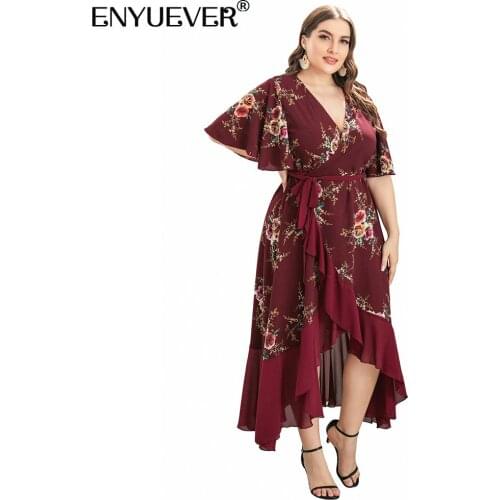 Enyuever Plus Size Women Floral Maxi Wrap Dress Summer Casual Clothes V Neck Ruffle Hem Beach Party Long Bohemian Boho Dress