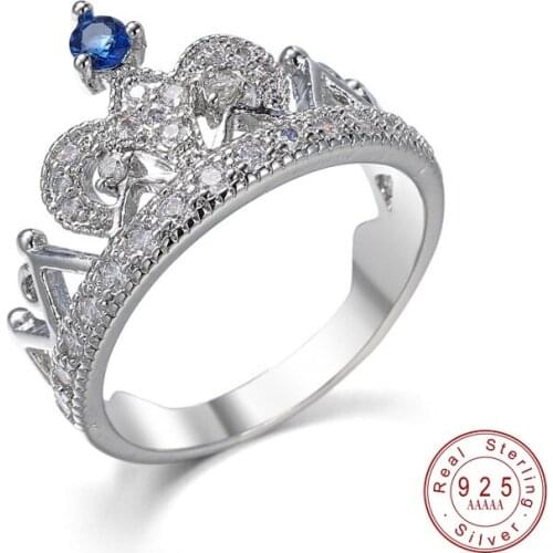 Fashion Luxury Silver Color Zirconia Crown Ring Womens Wedding Party AAA Blue Zircon Crystal Ring 2019 Romantic Jewelry