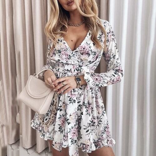 2021 Autumn Floral Print Ruffles Mini Dresses Women Casual Sexy Deep V-neck Long Sleeve Lace-up A-line Dress Woman Party Dress