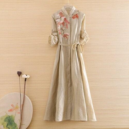 High-end Spring And Summer Women Chinese Style Linen Cotton Dress Embroidery Elegant Slim Lady A-line 2 Pieces Qipao Dress S-XXL