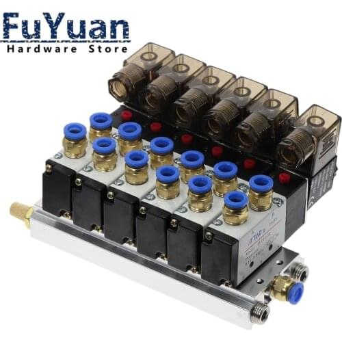 6Way 4V210-08 12V 24V 110v 220v 6 Pneumatic Solenoid Valve Muffler 4mm 6mm 8mm 10mm 12mm Quick Fitting Base Set DIY