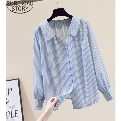 Blue Stripe Blouses Elegant Silk Chiffon Shirt Turn Down Collar Button Up Shirt Women French Autumn Fashion Tops Blusas 16700
