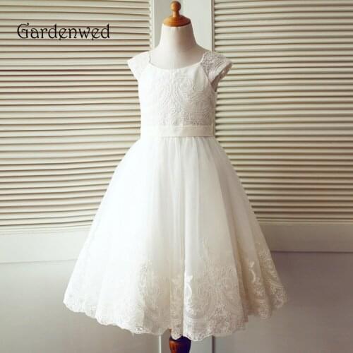 Gardenwed Lace Cap Sleeves Flower Girl Dress 2020 Exquisite Appliques A line Hem Little Girl Baby Tulle Dress Children Wedding