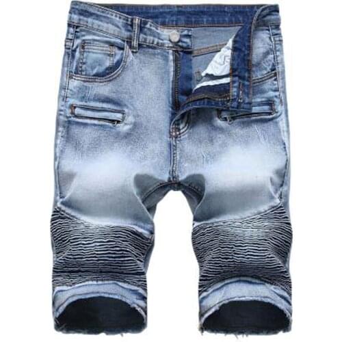 New Mens male light blue slim straight stretch denim biker shorts fot moto Plus big size pleated fringe jeans Summer Capri