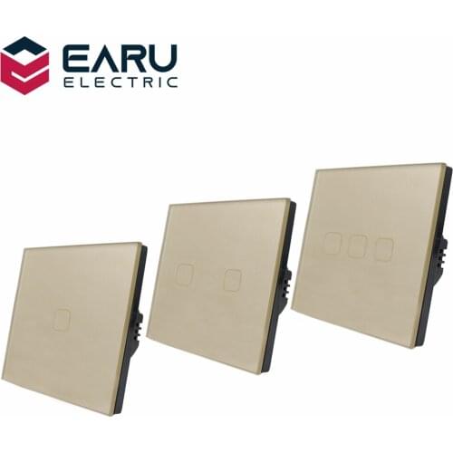 EU Standard 1 2 3 Gang 1 Way AC100-240V 10A Gold Crystal Glass Panel Screen Wall LED Power Light Touch Switch Push Button Switch