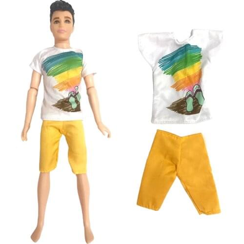 1 Set Sunshine Style Casual Shirt Colorful Summer Pattern T-shirt + Yellow Shorts For Ken Doll Boy Gift Accessories