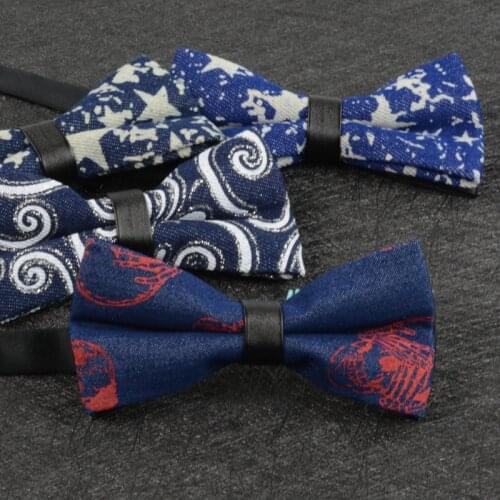 Cotton Mens Bow Ties Retro Style Denim Skull Print Bowtie Casual Business Party Womens Butterfly Tie Star Navy Blue Cravat Ties