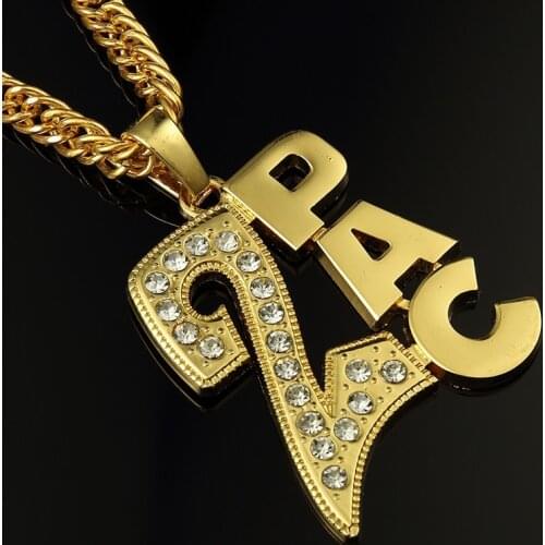 Good Quality Big 2PAC Pendant Necklace Star Jewelry Men Hip Hop Long Cuban Chain Ice Out Hiphop Golden Silver