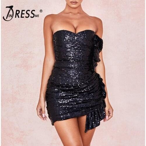 INDRESSME 2019 New Bodycon Party Club Two Pieces Sets Women Sexy Strapless Sequined Ruffle Short Top And Asymmetrical Mini Skirt