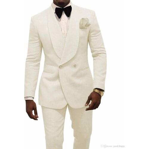 JELTONEWIN Men Wedding Suits 2020 Ivory Double Breasted Men Suits Slim Fit Groom Tuxedos Groomsman Blazer Suits For Men 2 Piece