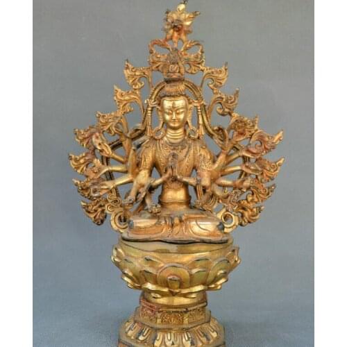 China Tibet Buddhism old Bronze carve gild Thousand Hands Guanyin incense burner