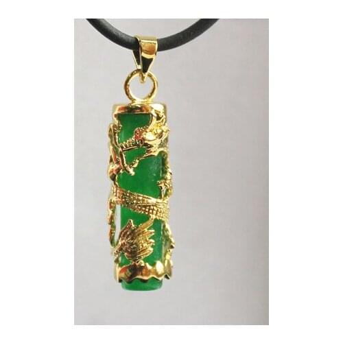 Beautiful Chinese Wind Cylinder green natural JADE +WOMENS Dragon Pendants Necklace