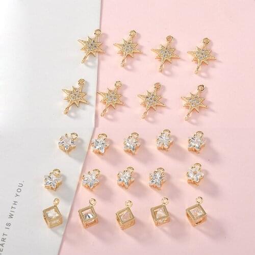 Copper plated 18k True gold stereo square double crane pentagram zircon pendant DIY earrings Jewelry Material Accessories