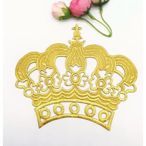 Iron On Patches Gold Royal Crown Budges Flower Embroidered Patches Diy Garment Appliques Costume Cosplay 15.5*14cm