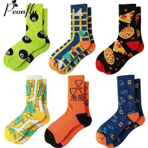 PEONFLY New 2020 Spring Womens Happy Socks Funny Pizza Letter Pattern Calcetines Casual Harajuku Hip Hop Cotton Socks Men