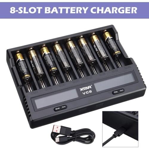 New VC8 Charge 3A USB 8 Bays Battery Chargers QC3.0 Type C Fast Charging Cable LCD Display Charger For 21700 20700 Battery