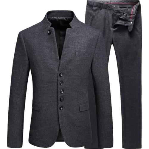 New (Blazer+pants) Mens Business Autumn and Winter Casual Stand Collar Woo Suit Suit Tunic Two-piece Dark Gray Slim Suit Set