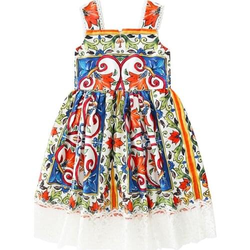 Girl Dresses 3-10Y Kids Lace Sling Dress Floral Print A line Princess Dress Summer Fashion Clothes Kids Party Dresses For Girls