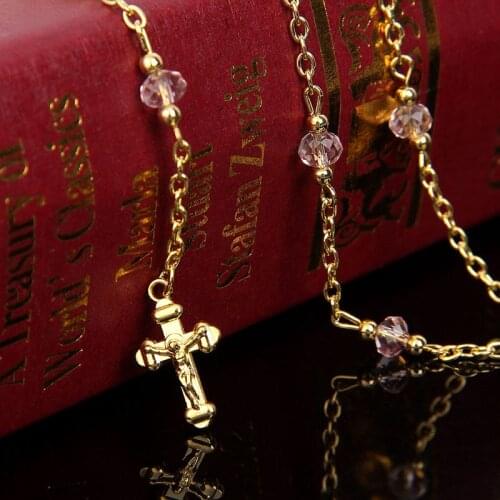Religion Rosary Catholic Glass crystal Beads Virgin Mary Long Pendant golden Cross Pendant Necklaces