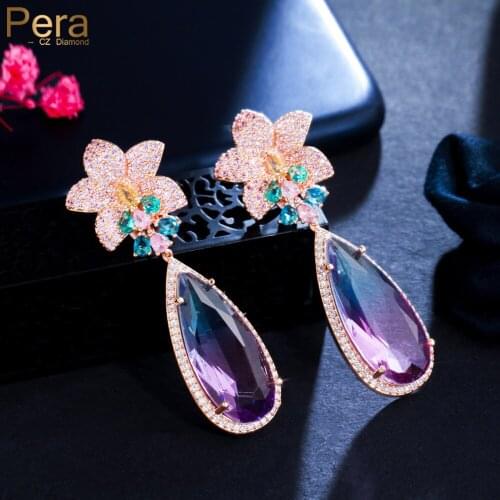 Pera Overpowering Purple Blue Cubic Zirconia Long Dangle Water Drop Gradient Earrings with Flower 585 Gold Wedding Jewelry E820