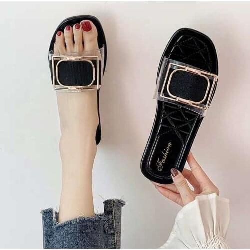 Metal buckle transparent slippers women candy color japanned leather bottom flip flops ladies summer beach shoes clear slides