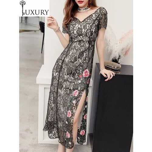 Evening Autumn Lace 2020 Party Women Sexy See Through Mesh Patchwork Short Sleeve Black Long Maxi Dress Occasion