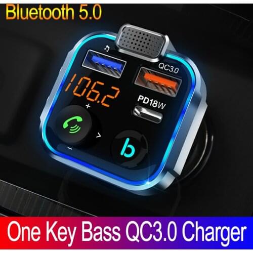 JINSERTA Car QC3.0 PD 20W Charger Bluetooth 5.0 FM Transmitter One Button Bass Mp3 Player External Large Microphone Music Player