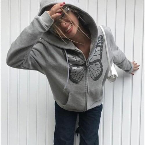 SEASONS Butterfly Print Casual Sweat Coats Women Autumn Harajuku Hooded Jacket Ladies Pocket Gray Overcoat Streetwear ASHO81985