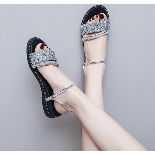 Summer New Korean Style Fashion Bling Rhinestone Crystal Wedges Heels Buckle Strap Cut Out Women Gladiator Sandals 2021
