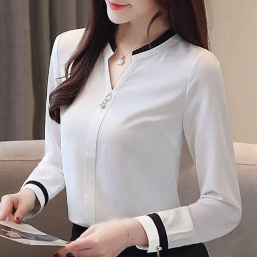 Womens Tops And Blouses V Collar Office Ladies Tops Blouses Woman 2021 White Blouse Chiffon Blouse Long Sleeve Women Shirts A893